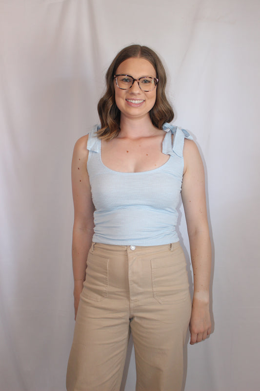 'Sophia' Ribbed Tie Tank in Blue