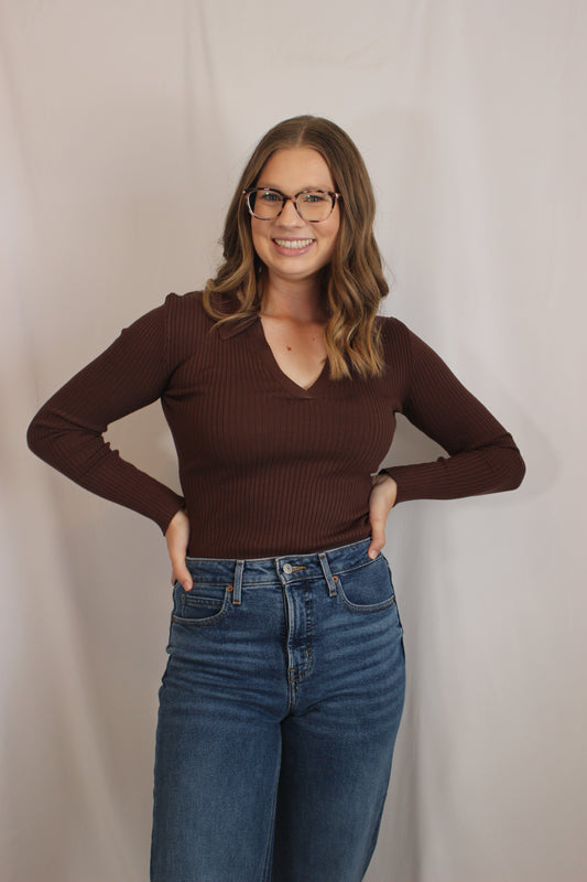 'Sadie' Collared Knit Top in Brown