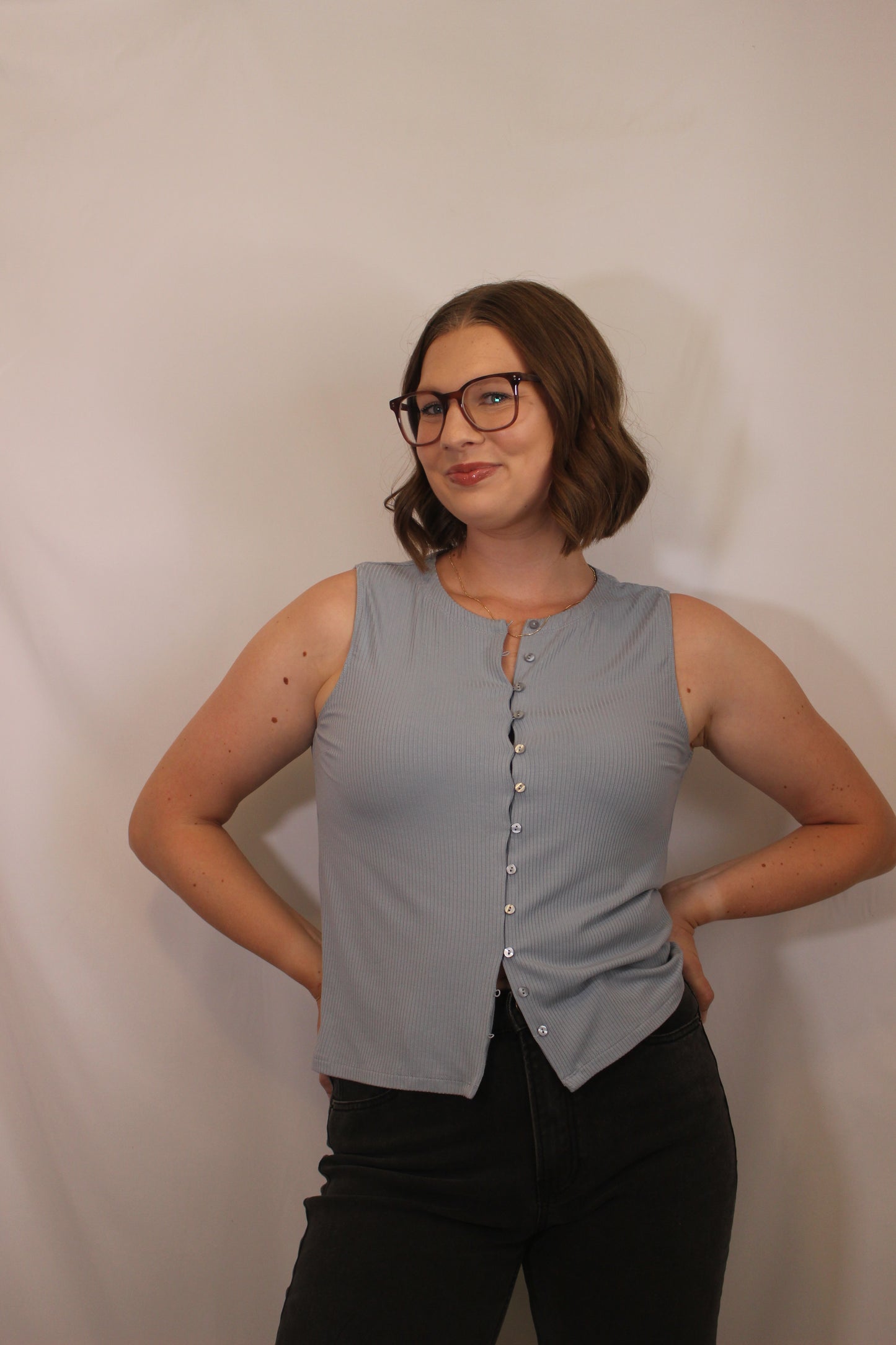 'Quinn' Ribbed Button Up Tank in Blue