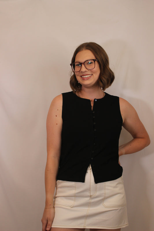 'Quinn' Ribbed Button Up Tank in Black