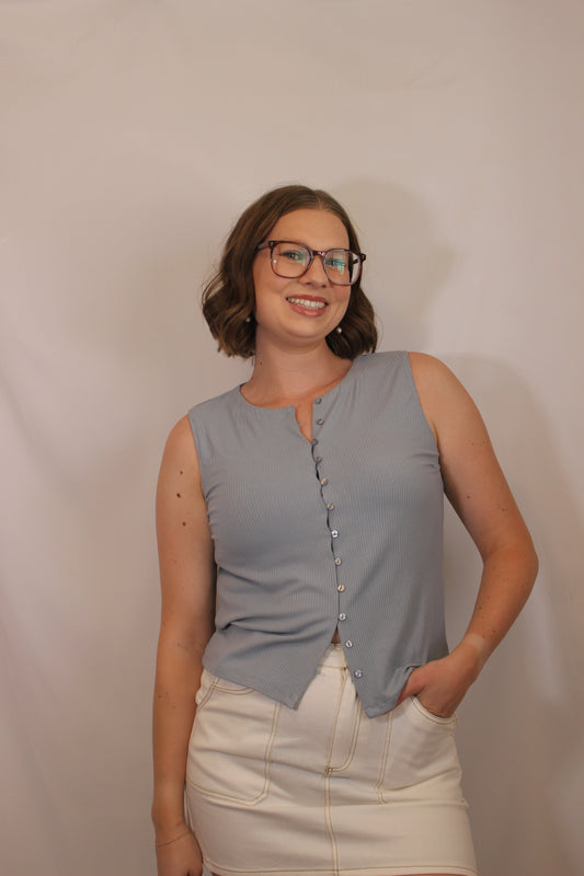 'Quinn' Ribbed Button Up Tank in Blue